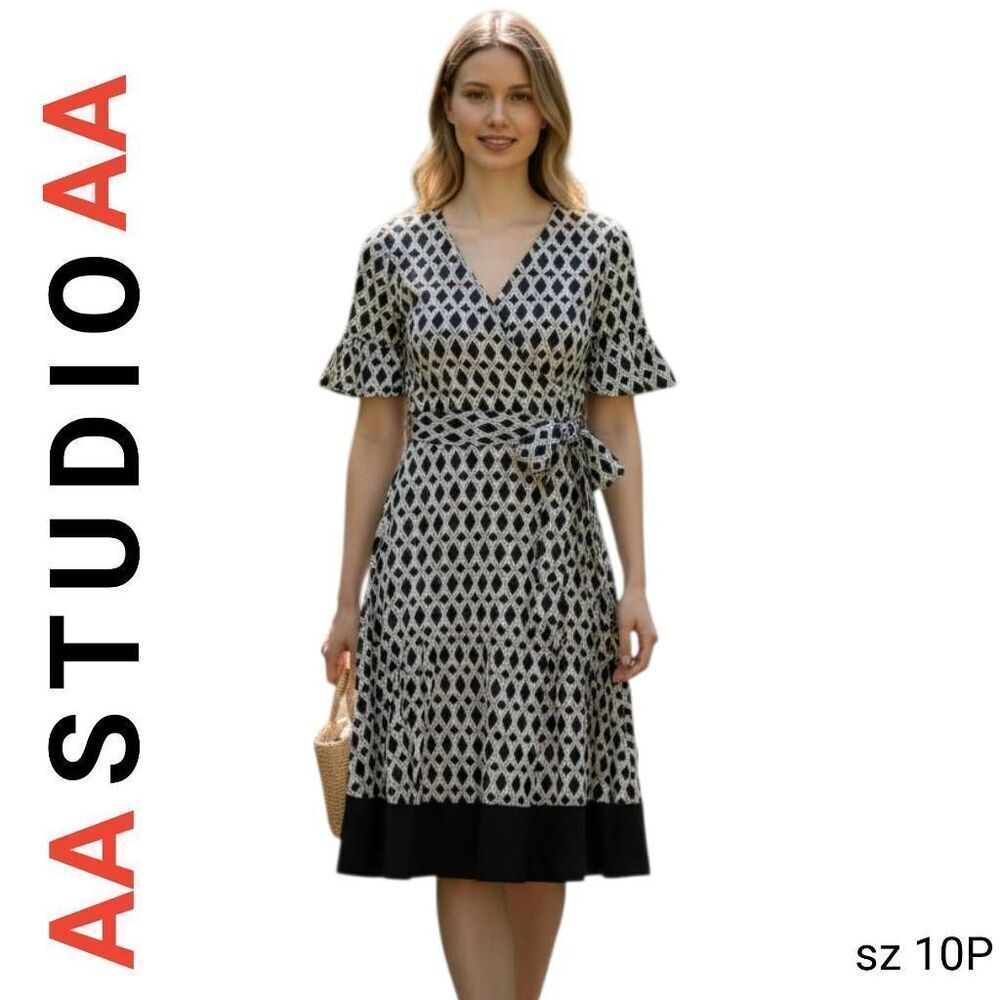 AA Studio AA Black & White Stretchy Feminine Wrap Dress